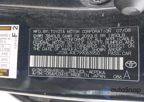 2009 Toyota Corolla Le z USA, uszkodzony, nr VIN JTDBL40E799063950